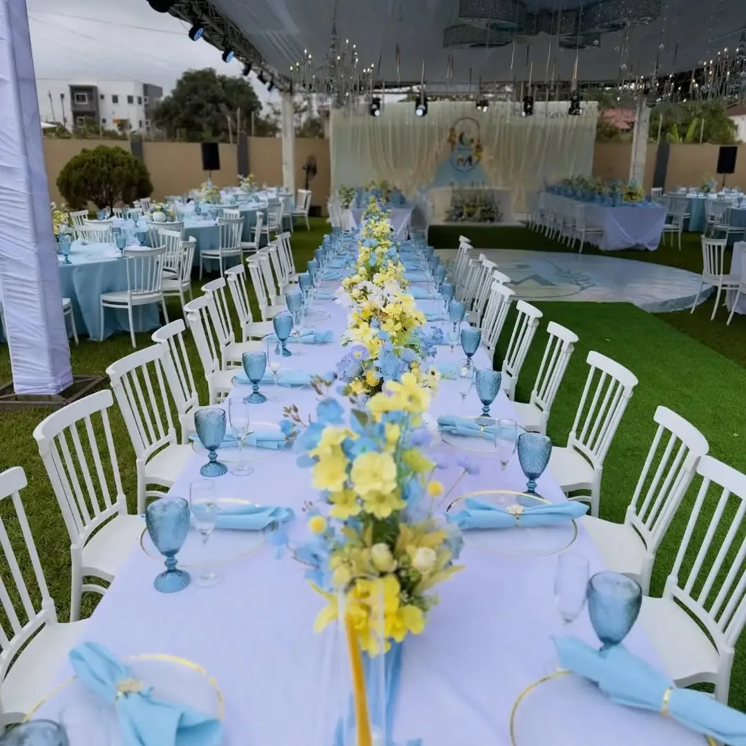 Long sky blue and lemon banquet table