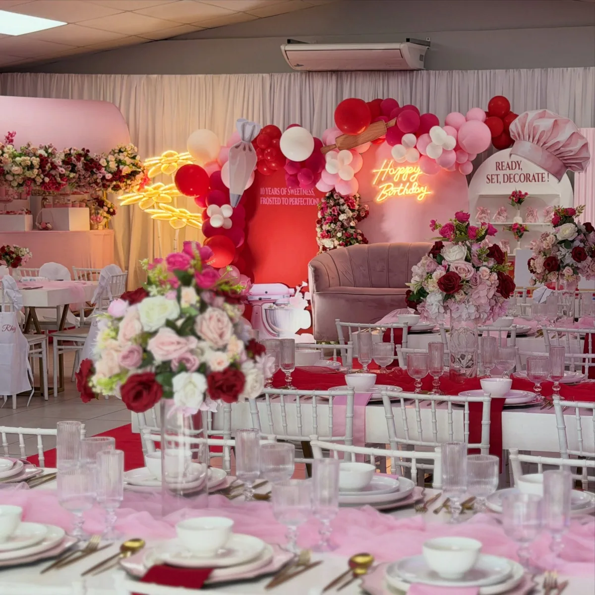 Deep red styling with a neon sign